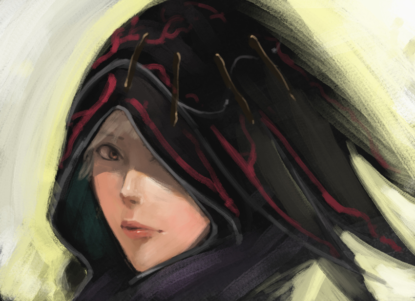 1girl, blonde_hair, commentary_request, female_focus, highres, hood, hood_up, lips, looking_at_viewer, nimue_(soul_sacrifice), solo, somehira_katsu, soul_sacrifice, yellow_eyes