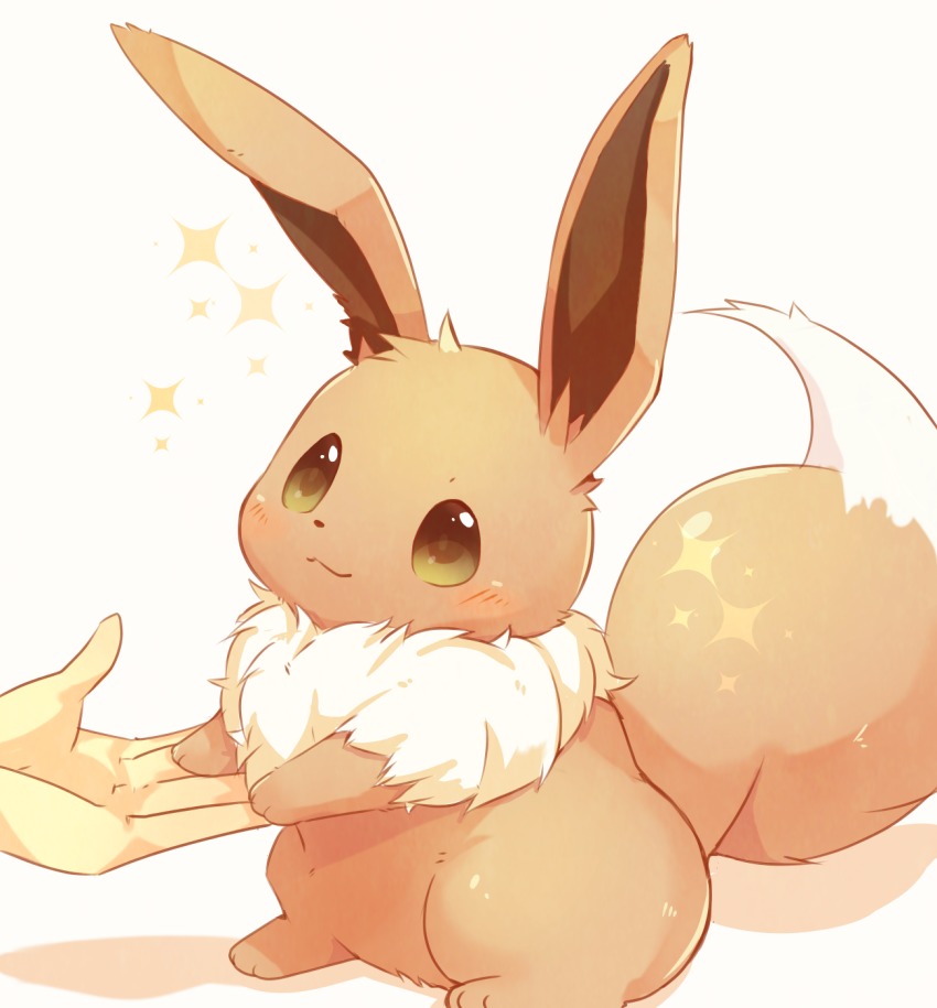 :3, blush, closed_mouth, eevee, gen_1_pokemon, green_eyes, highres, nintendo, pokemon, pokemon_(creature), simple_background, sitting, solo_focus, sparkle, ushiina, white_background