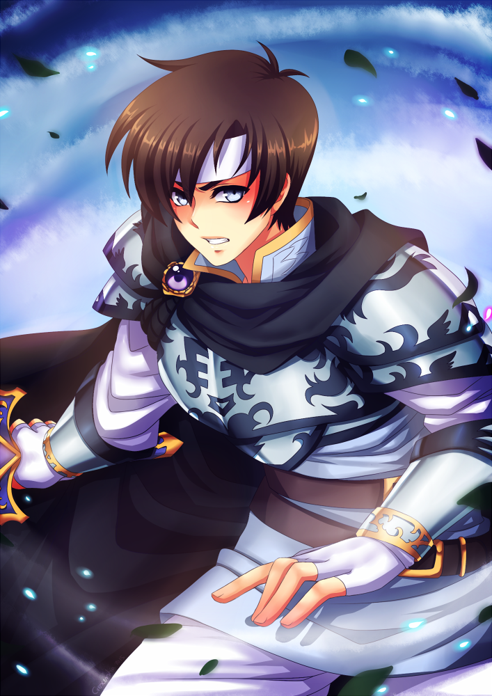 1boy, armor, belt, blue_eyes, cape, crescentia_fortuna, fingerless_gloves, gloves