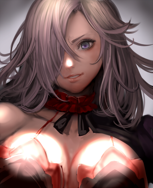 1girl, blue_eyes, breasts, cinderella_(sinoalice), commentary_request, female_focus, frilled_skirt, frills, hair_over_one_eye, large_breasts, lips, long_hair, looking_at_viewer, parted_lips, silver_hair, sinoalice, skirt, solo, starry_babe