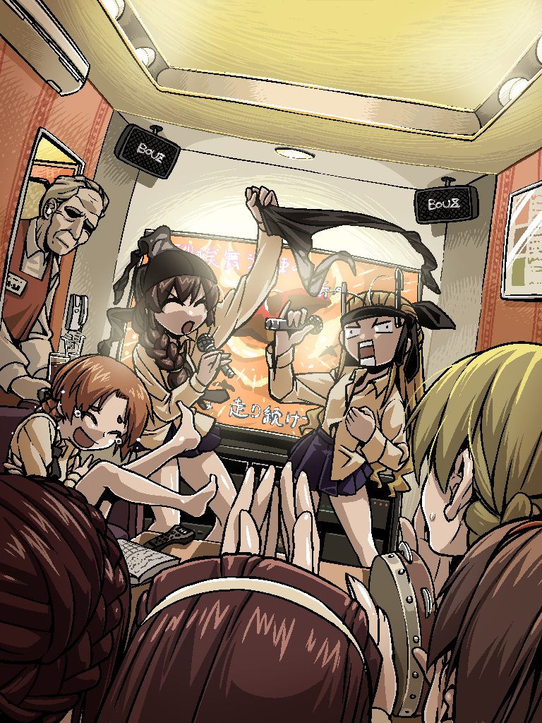 10s, 1boy, 6+girls, assam_(girls_und_panzer), black_legwear, black_necktie, blonde_hair, blue_skirt