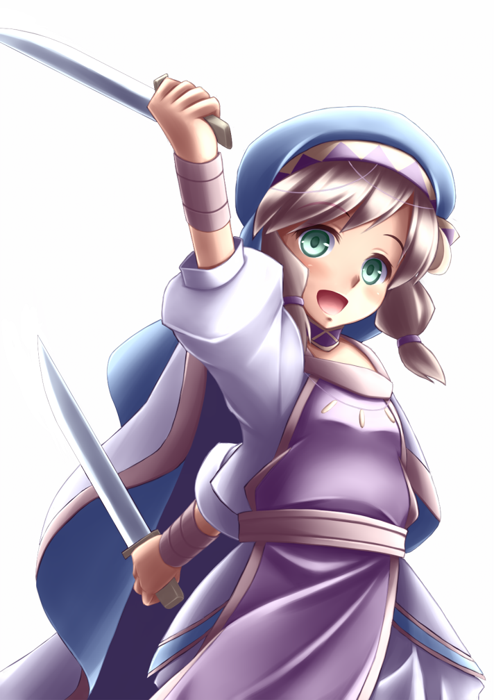 1girl, brown_hair, dagger, female_focus, green_eyes, hat, kirisaku_shampoo_hat, knife