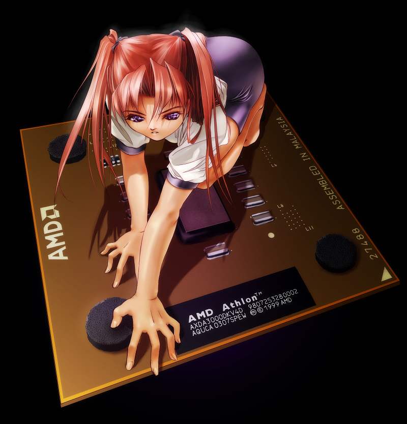 1girl, all_fours, amd, athlon, black_background, blouse, copyright_notice, cpu, english_text, female_focus, hair_ribbon, looking_at_viewer, pencil_skirt, personification, processor, purple_eyes, red_hair, ribbon, shirt, skirt, solo, tom_(1art.), twintails, white_shirt