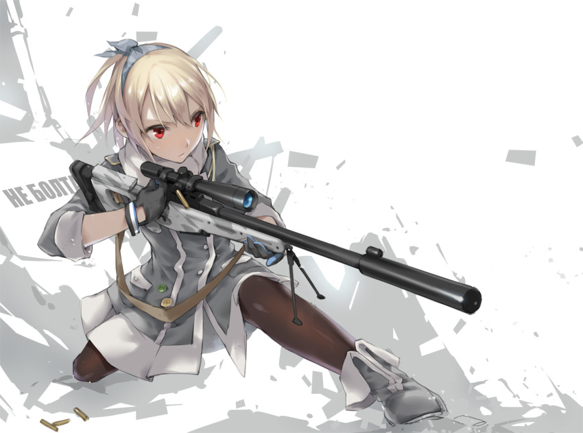 1girl, alternate_costume, bipod, blonde_hair, bolt_action, female_focus, full_body, girls'_frontline