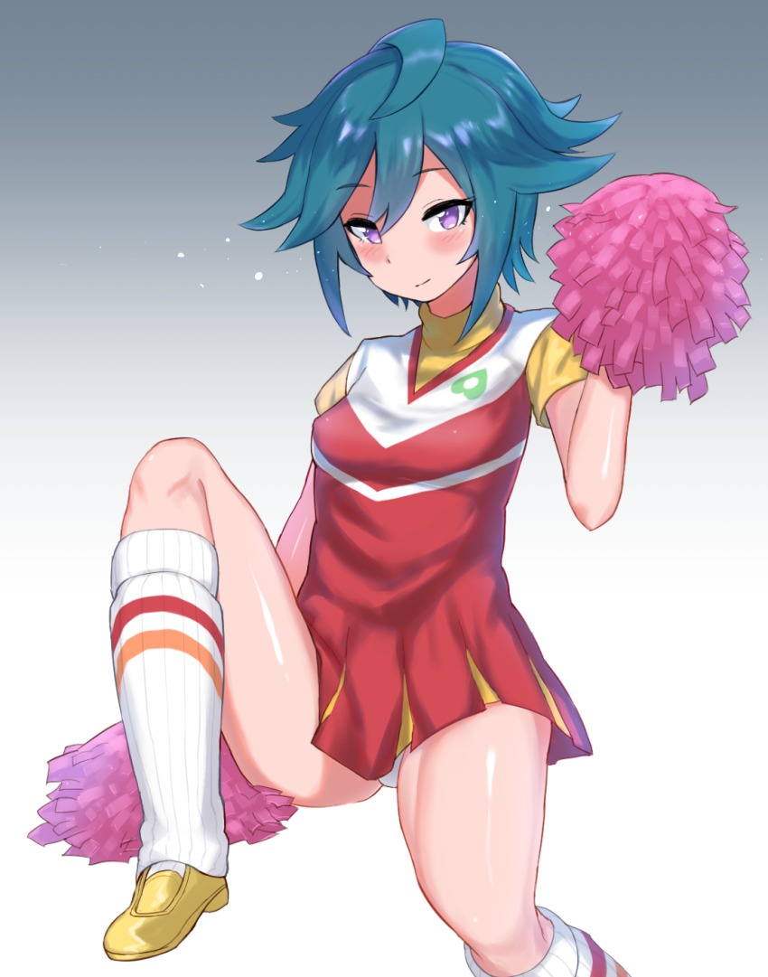 1girl, blue_hair, breasts, cheerleader, female_focus, gaiko_(pripara), gradient_background, grey_background, highres, panties, pom_pom_(cheerleading), pretty_series, pripara, purple_eyes, shoes, short_hair, skirt, small_breasts, socks, solo, underwear, white_panties, white_socks, yellow_shoes