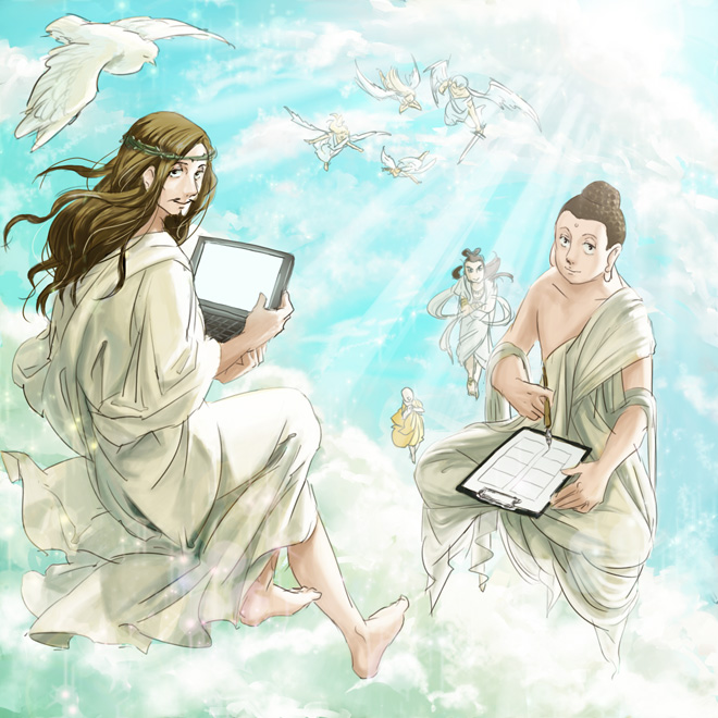 bare_shoulders, beard, bird, brown_eyes, brown_hair, buddha_(saint_onii-san), collarbone, computer