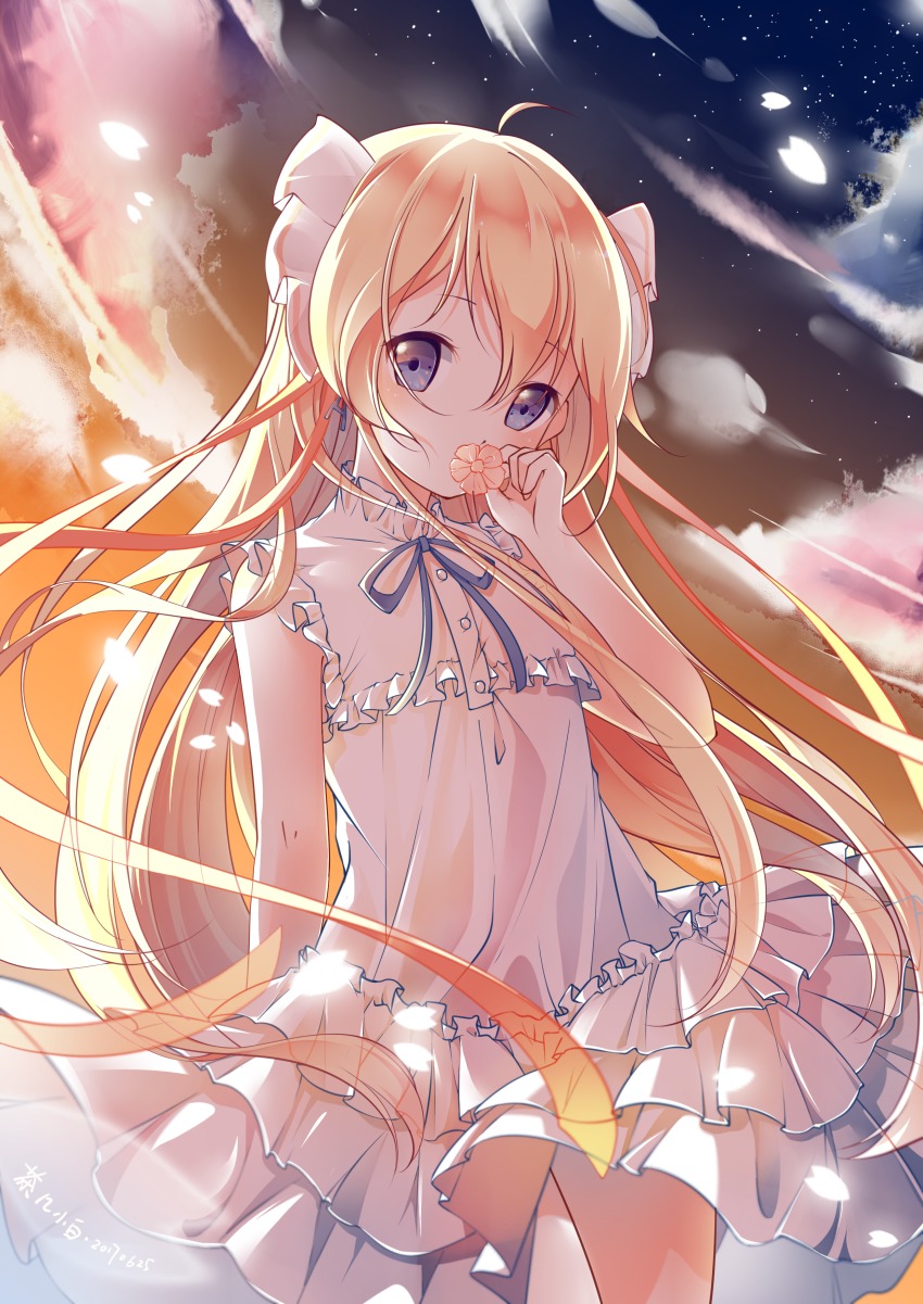 1girl, absurdres, ahoge, arm_at_side, artist_name, bare_arms, blonde_hair, blue_eyes
