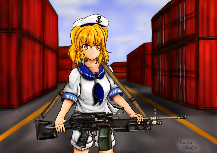 1girl, artist_name, blonde_hair, chacochaco, dress, gun, hat, highres, kitashirakawa_chiyuri, light_machine_gun, m249_saw, machine_gun, sailor_dress, sailor_hat, touhou, touhou_(pc-98), weapon, yellow_eyes