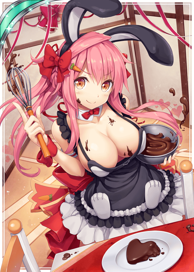 1girl, akkijin, animal_ears, apron, blush, breasts, cake, candy