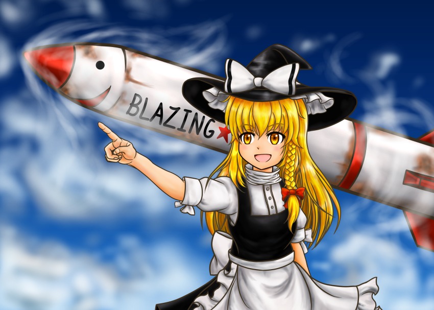 1girl, blonde_hair, bow, braid, chacochaco, dress, english_text, hair_bow, hat, highres, kirisame_marisa, mimi-chan, missile, open_mouth, side_braid, smile, touhou, touhou_(pc-98), witch_hat, yellow_eyes