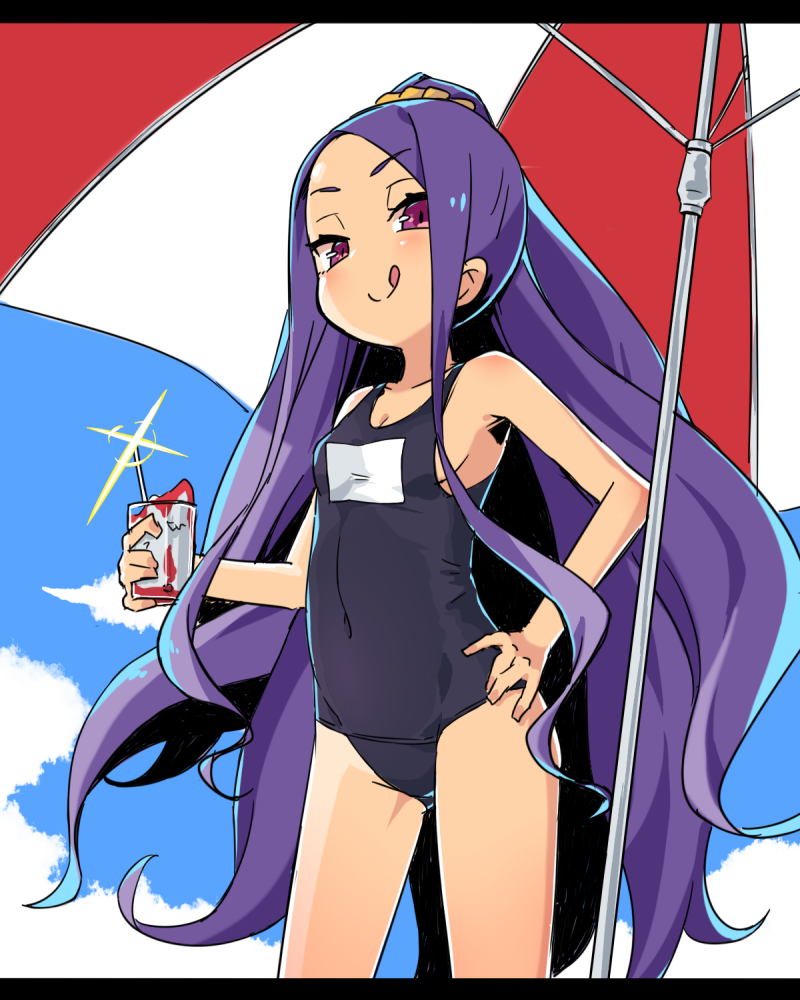 1girl, assassin_of_the_nocturnal_castle, bad_id, bad_pixiv_id, beach_umbrella, blue_one-piece_swimsuit, cowboy_shot, drink