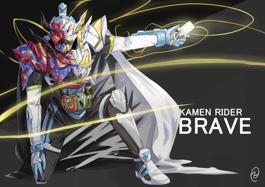 1boy, absurdres, armor, cape, character_name, dual_rider_gashat, helmet, heterochromia