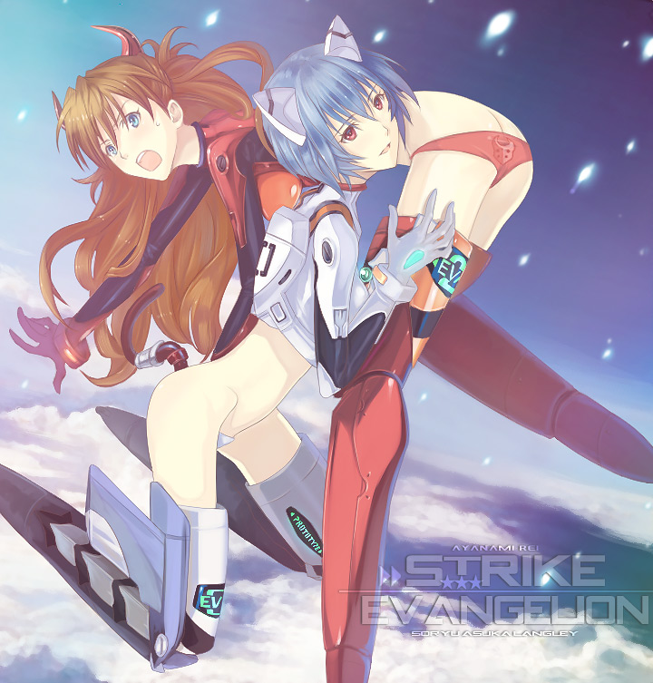 2girls, animal_ears, ass, ayanami_rei, bad_id, bad_pixiv_id, bent_over, blue_eyes, blue_hair, butt_crack, carrying, cat_ears, cloud, crop_top, flying, furayu_(flayu), horns, long_hair, looking_back, lowleg, lowleg_panties, maebari, mecha_pilot_suit, midriff, multiple_girls, neon_genesis_evangelion, numeri_(gunfra), numeri_(pixiv), open_mouth, orange_hair, panties, parody, plugsuit_(evangelion), print_panties, red_eyes, red_panties, short_hair, sky, smile, souryuu_asuka_langley, strike_witches, striker_unit, underwear, world_witches_series