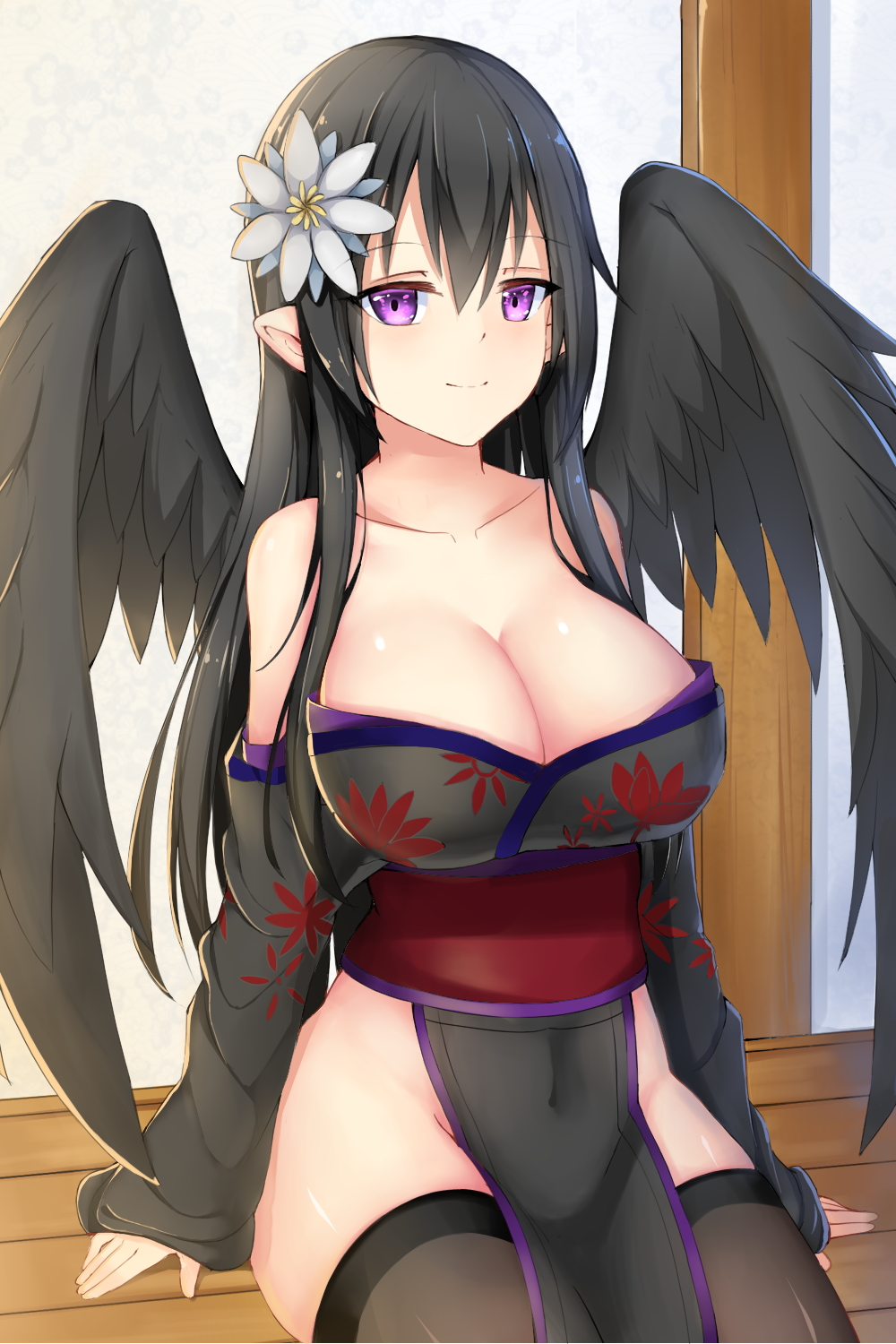 1girl, alternate_costume, black_hair, black_thighhighs, black_wings, breasts, chixiao, cleavage, covered_navel, female_focus, flower, hair_flower, hair_ornament, highres, japanese_clothes, large_breasts, long_hair, looking_at_viewer, pelvic_curtain, persephone_(p&amp;d), pointy_ears, purple_eyes, puzzle_&amp;_dragons, sitting, smile, solo, thighhighs, wide_sleeves, wings