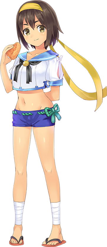 1girl, arm_behind_back, artist_request, brown_hair, female_focus, food, full_body, hachimaki, headband, holding, holding_food, midriff, navel, official_art, onigiri, oshiro_project:re, short_hair, short_shorts, shorts, solo, transparent_background, tsuruga_(oshiro_project), yellow_eyes