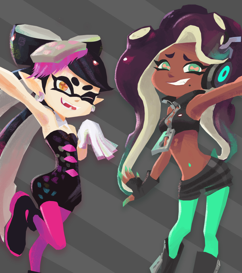 2girls, ;d, absurdres, bare_shoulders, black_hair, callie_(splatoon), callie_(squid_sisters_outfit)_(splatoon), cephalopod_eyes