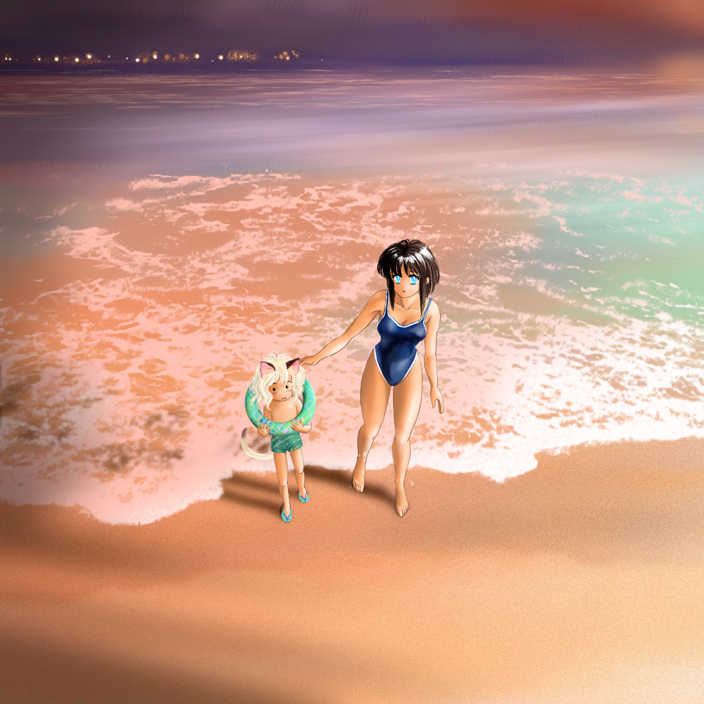 1boy, 1girl, animal_ears, beach, black_hair, blue_eyes, cat_ears, innertube