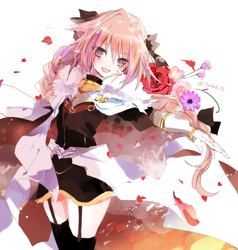 1boy, astolfo_(fate), astolfo_(rider)_(fate), blush, braid, cape, fate/apocrypha, fate/grand_order, fate_(series), flower, fur_trim, garter_straps, hair_ribbon, itadaki31, long_hair, male_focus, pink_hair, purple_eyes, ribbon, single_braid, smile, thighhighs