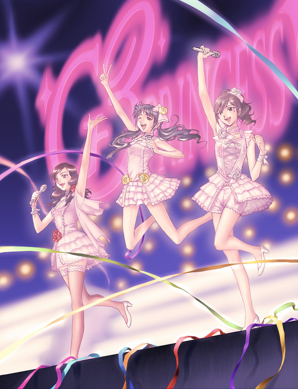 3girls, dress, engine_sentai_go-onger, g3_princess, high_heels, idol, kegalesia, multiple_girls, pink_dress, rouyama_saki, stage, super_sentai, sutou_miu