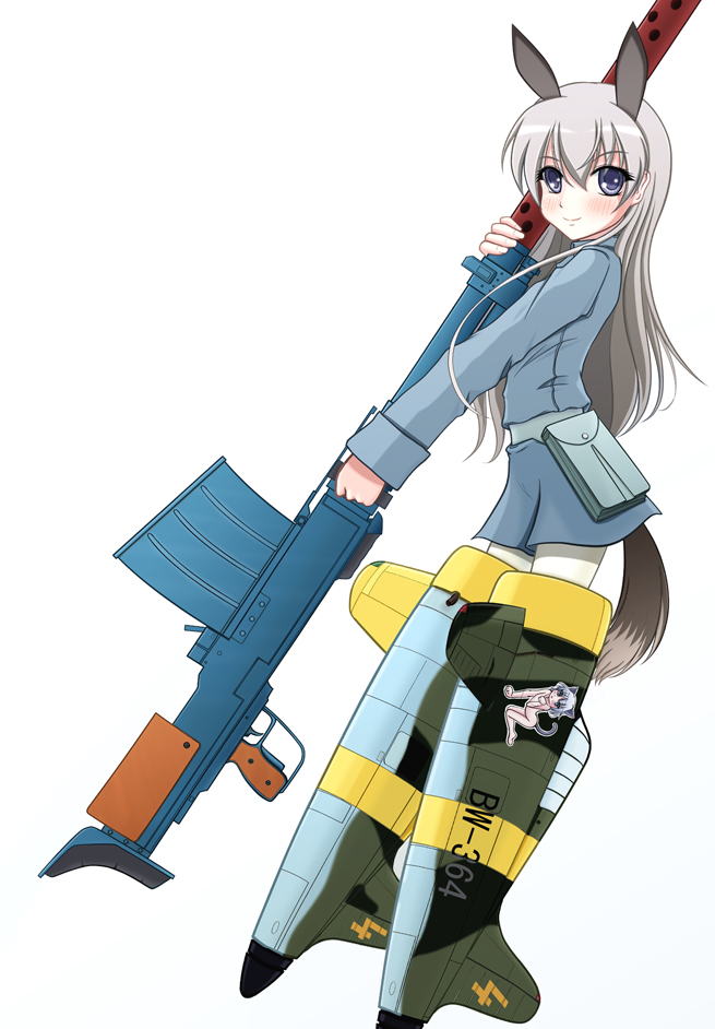 00s, 1girl, animal_ears, anti-materiel_rifle, eila_ilmatar_juutilainen, female_focus, gun, isaji_(issa-g), lahti_l-39, military, military_uniform, nose_art, pantyhose, rifle, sniper_rifle, solo, strike_witches, weapon, white_pantyhose, world_witches_series