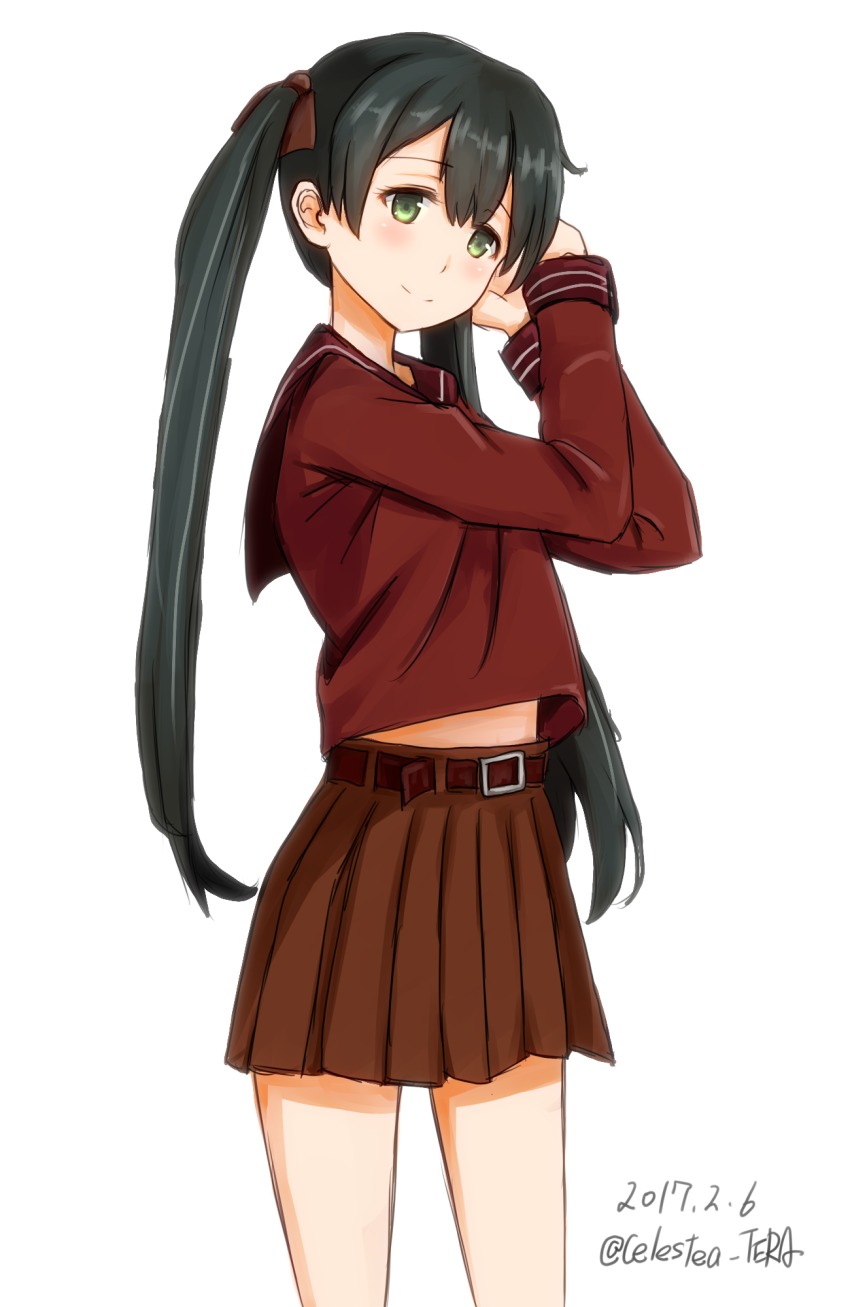 10s, 1girl, 2017, belt, black_hair, brown_ribbon, brown_sailor_collar, brown_serafuku