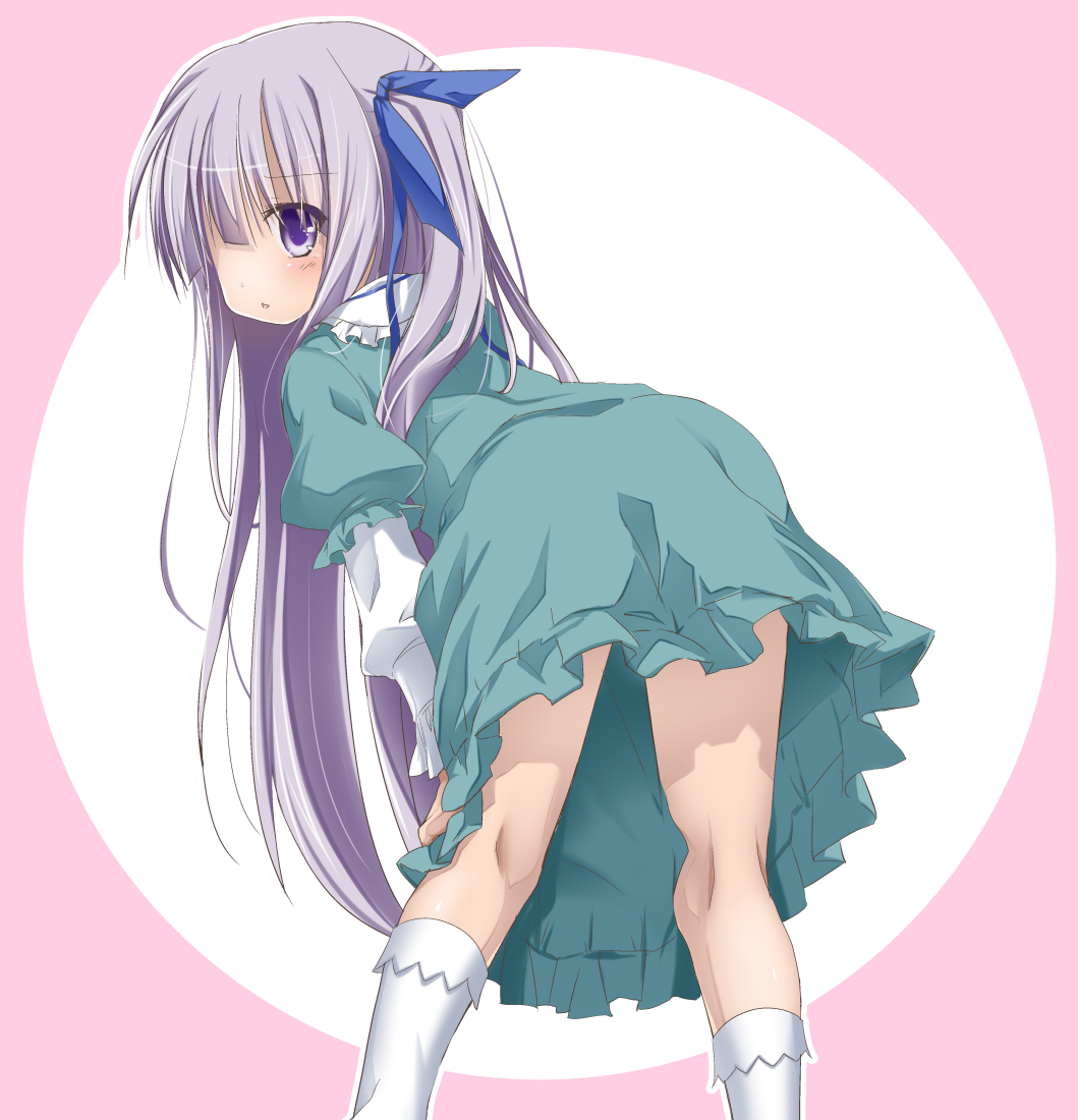 10s, 1girl, ass, bent_over, blue_eyes, dress, female_focus, from_behind, gotou_jun, green_dress, hair_over_one_eye, hands_on_own_thighs, izumi_yukiru, kneehighs, kneepits, legs, long_hair, looking_back, ribbon, side_ponytail, silver_hair, socks, solo, tenshi_no_3p!, very_long_hair, white_socks