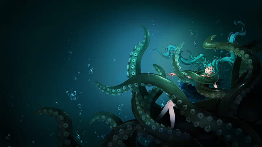 1girl, bad_id, bad_pixiv_id, bubble, closed_eyes, cthulhu_mythos, female_focus, hatsune_miku