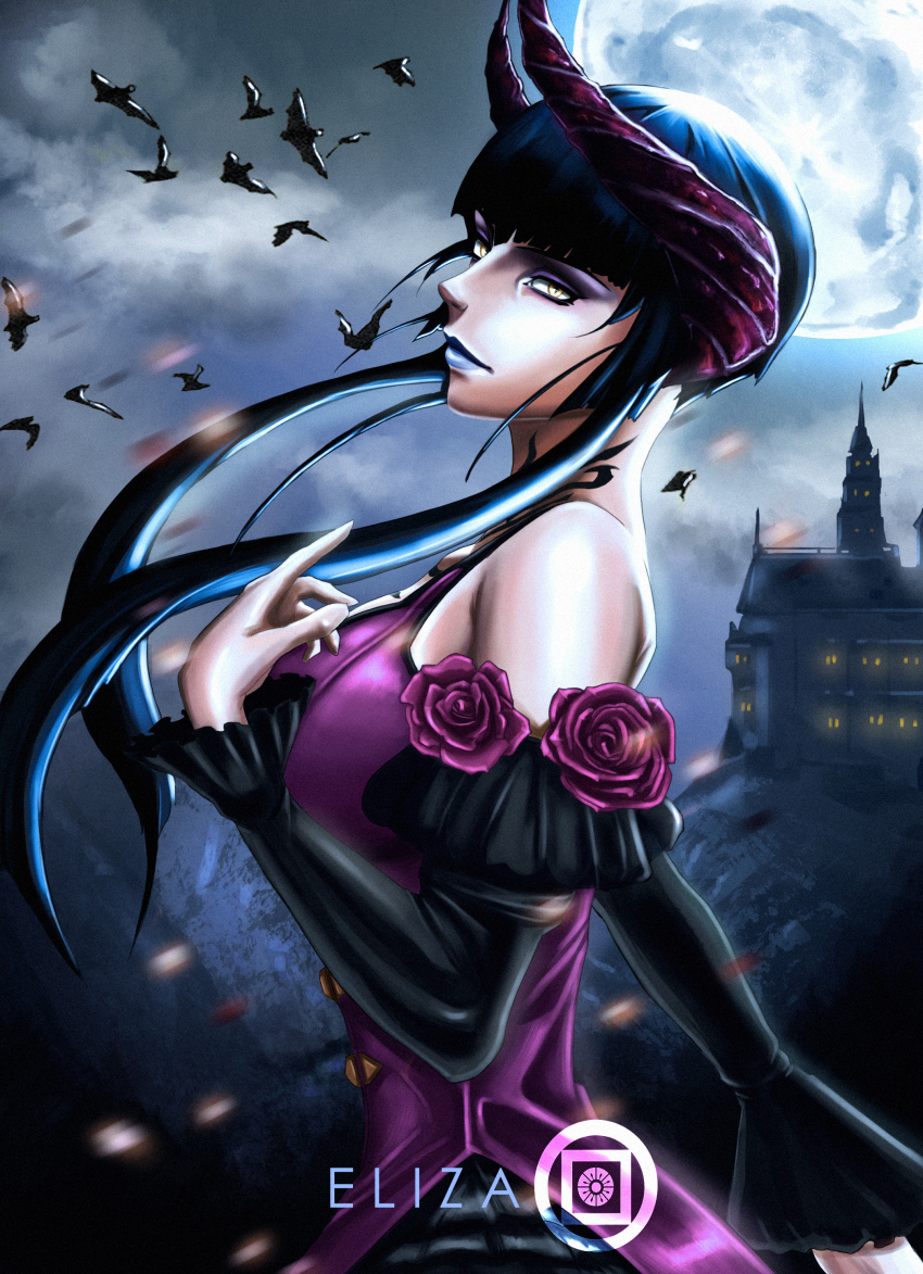 1girl, absurdres, black_hair, breasts, castle, character_name, demon_horns, detached_sleeves, dress, eliza_(tekken), eyeshadow, female_focus, flower, from_side, full_moon, highres, horns, large_breasts, lipstick, makeup, moon, namco, nate_lemire, pale_skin, purple_dress, purple_lips, rose, short_hair, short_hair_with_long_locks, solo, tattoo, tekken, tekken_7, vampire