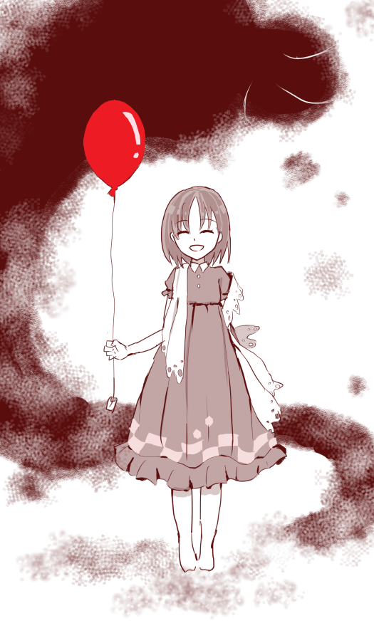 1girl, balloon, barefoot, dress, closed_eyes, fate/strange_fake, fate_(series), kuruoka_tsubaki