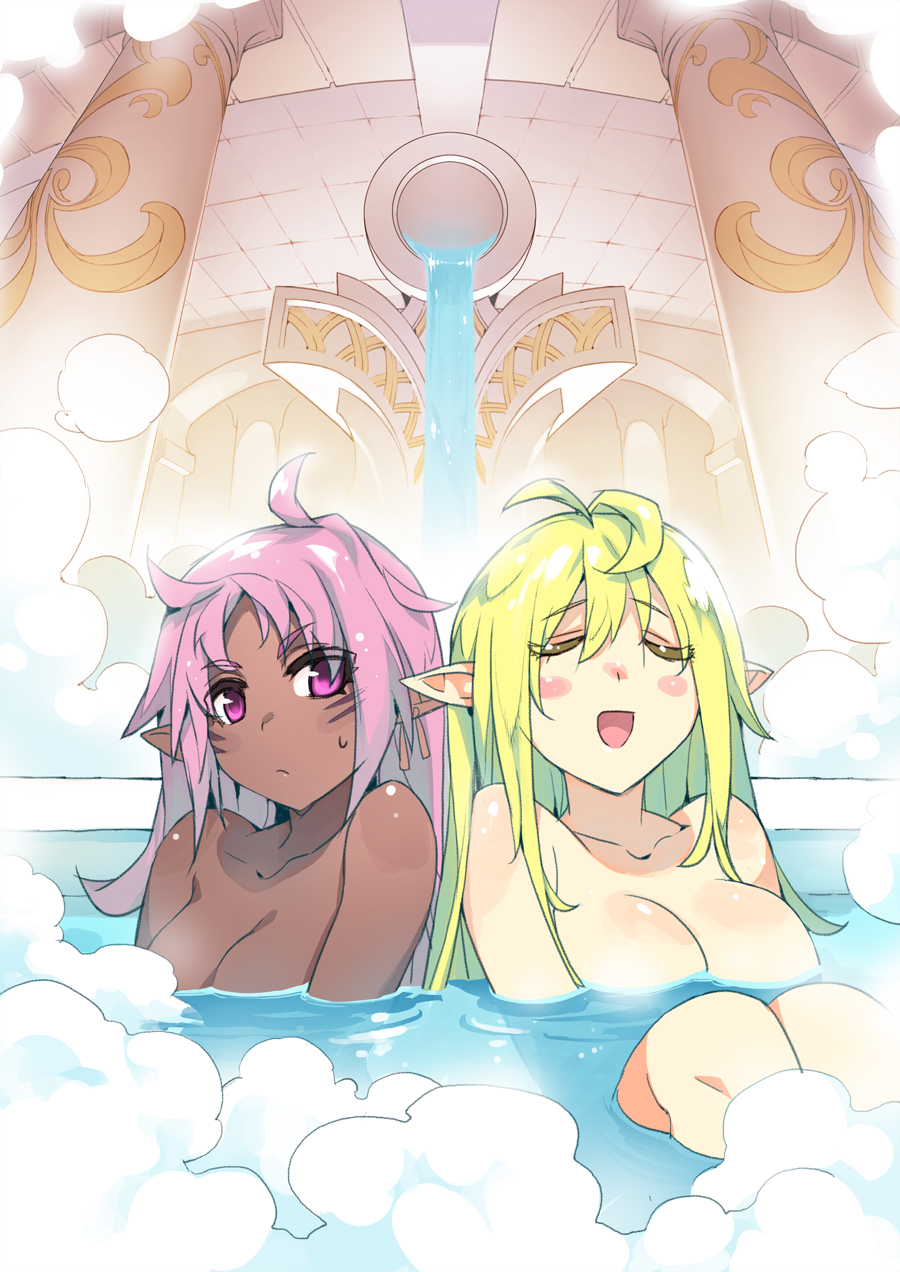 2girls, :d, antenna_hair, bathing, blush_stickers, breasts, chloe_(elsword), dark_skin