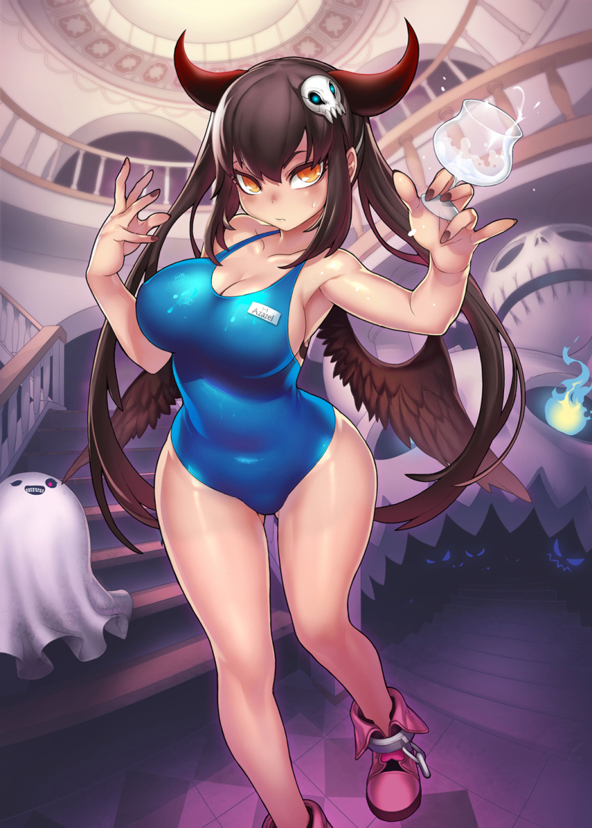 1girl, black_hair, black_nails, black_wings, blue_one-piece_swimsuit, boots, breasts, cleavage