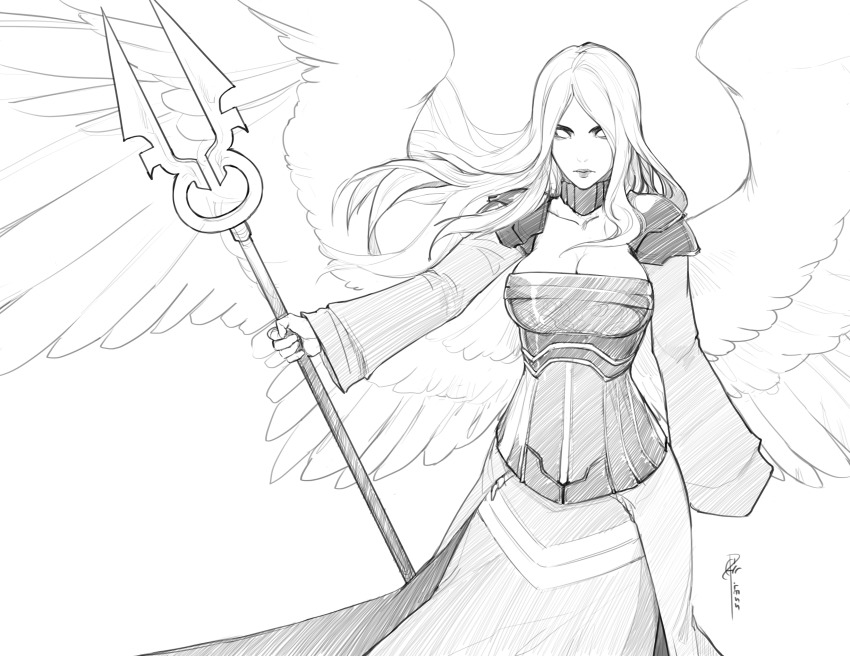 1girl, absurdres, angel, angel_wings, armor, avacyn, _angel_of_hope, collar, corset, feathered_wings, female_focus, floating_hair, greyscale, highres, holding, holding_weapon, huge_filesize, lance, less, long_hair, long_skirt, long_sleeves, looking_at_viewer, magic:_the_gathering, monochrome, no_bra, no_pupils, pauldrons, polearm, shoulder_armor, signature, simple_background, skirt, solo, standing, weapon, white_background, wings