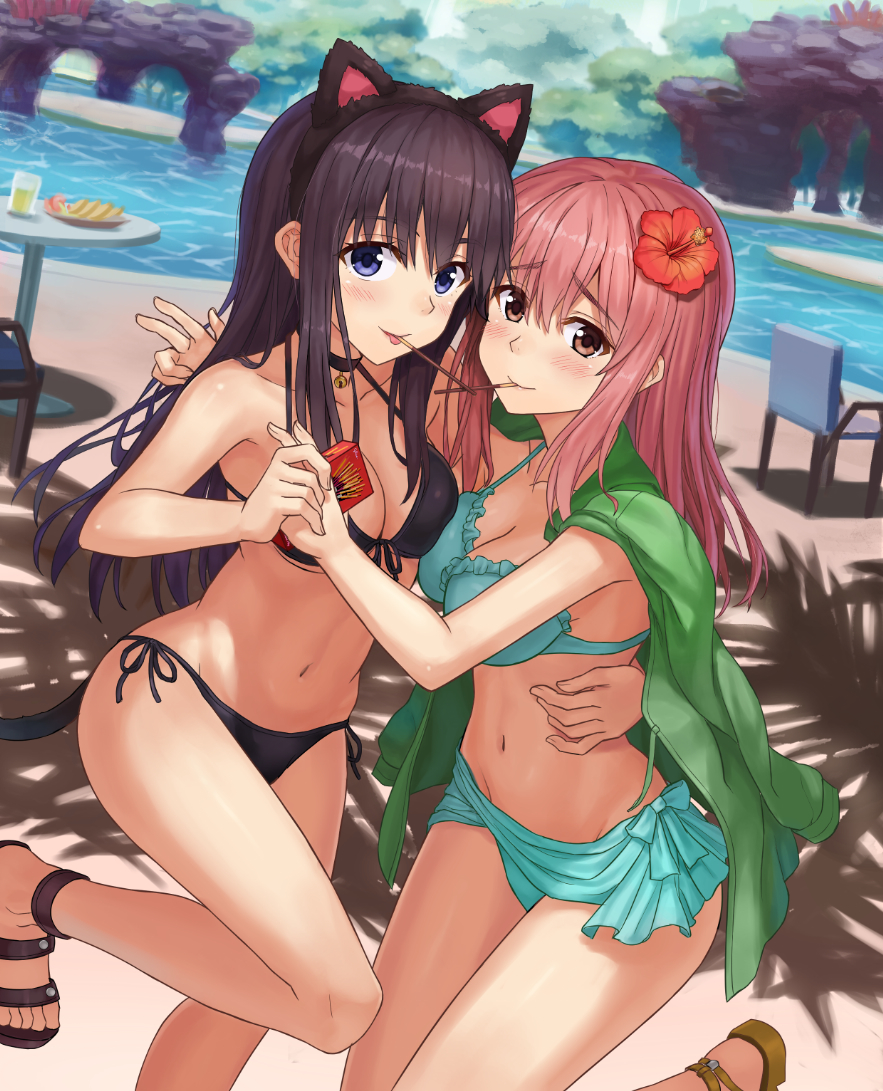 10s, 2girls, :p, animal_ears, bikini, black_bikini, black_hair, blue_bikini