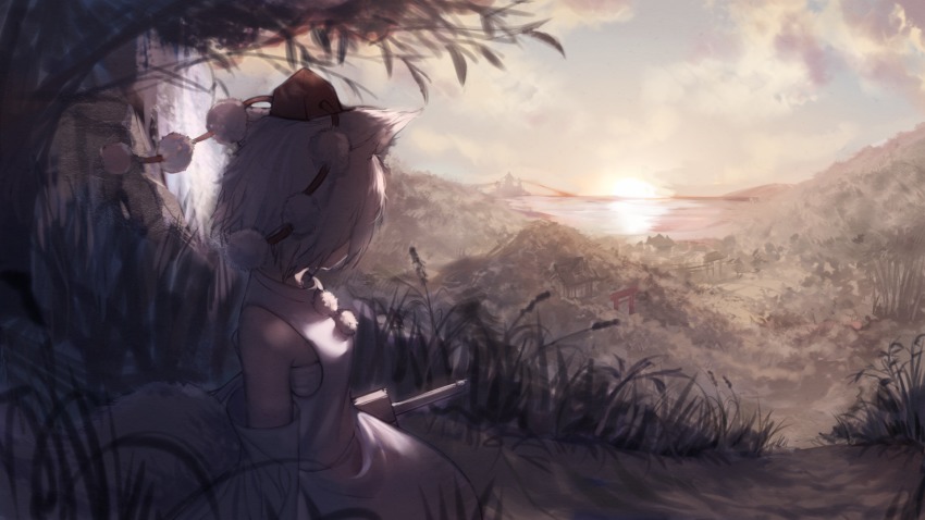 1girl, animal_ears, cloud, cloudy_sky, congming_lan, detached_sleeves, female_focus, from_behind