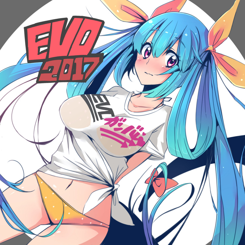 1girl, 2017, alternate_costume, arms_behind_head, bikini, blue_hair, blush, breasts, closed_mouth, clothes_writing, dizzy_(guilty_gear), evolution_championship_series, female_focus, guilty_gear, guilty_gear_xrd, hair_ribbon, highres, iguana_henshuu-chou, long_hair, looking_to_the_side, medium_breasts, navel, missing_wings, pink_eyes, polka_dot, polka_dot_bikini, ribbon, shirt, short_sleeves, solo, swimsuit, t-shirt, tail, tail_ornament, tail_ribbon, very_long_hair, wet, wet_clothes, wet_shirt, white_background, yellow_ribbon