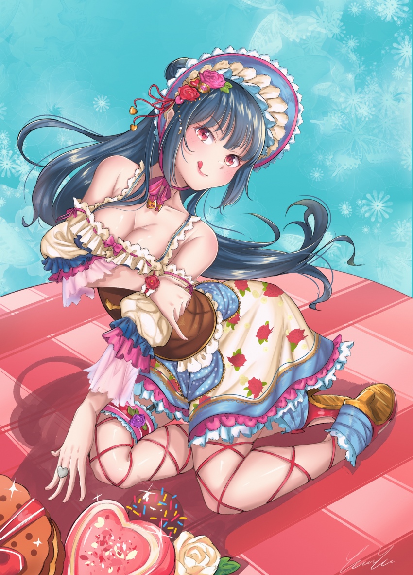 10s, 1girl, absurdres, birthday, blue_hair, breasts, cleavage, floral_print