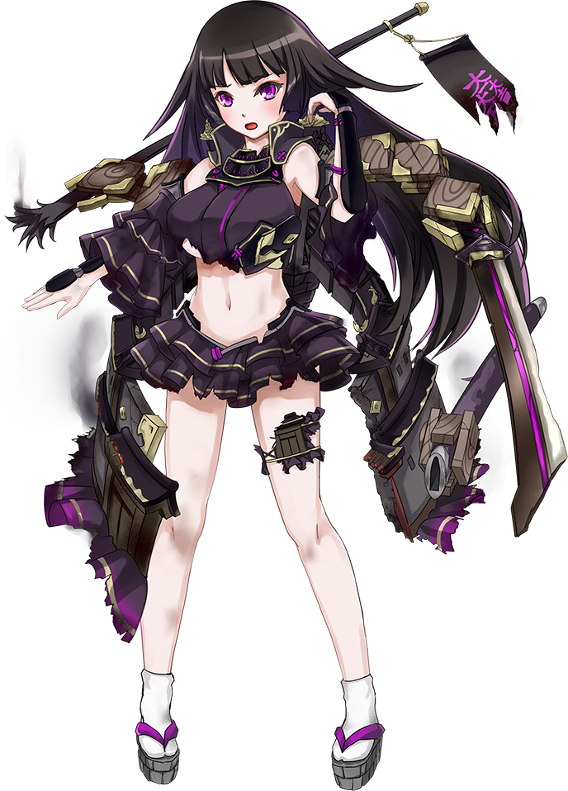 1girl, :o, artist_request, bare_shoulders, black_hair, blush, breasts, broken, broken_spear, broken_weapon, detached_sleeves, female_focus, frilled_skirt, frilled_sleeves, frills, full_body, holding, holding_polearm, holding_spear, holding_weapon, large_breasts, long_hair, midriff, miniskirt, navel, official_art, open_mouth, oshiro_project:re, polearm, purple_eyes, sawayama_(oshiro_project), skirt, solo, spear, standing, torn_clothes, transparent_background, very_long_hair, weapon