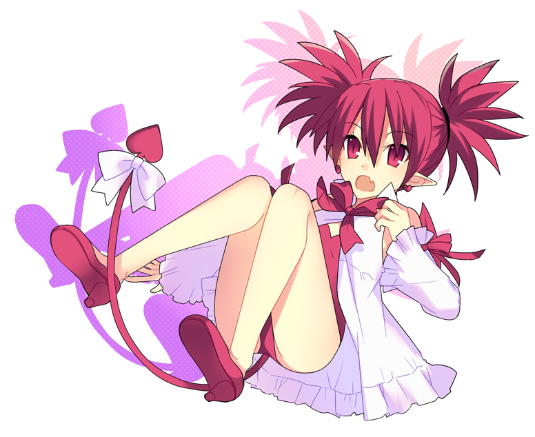 1girl, :o, bow, cosplay, demon_tail, disgaea, earrings, etna_(disgaea)