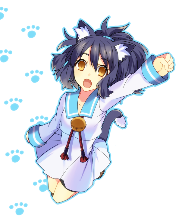 1girl, :d, animal_ears, arm_up, bell, black_hair, cat_ears, cat_tail