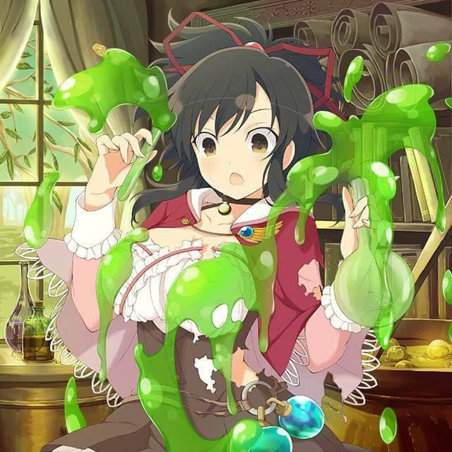 10s, 1girl, alchemy, asuka_(senran_kagura), atelier_(series), atelier_rorona, blush, breasts, brown_eyes, brown_hair, cape, cosplay, female_focus, flask, hair_ribbon, large_breasts, long_hair, looking_at_viewer, open_mouth, ponytail, ribbon, rorolina_frixell, rorolina_frixell_(cosplay), senran_kagura, slime, solo, surprised, test_tube, torn_clothes