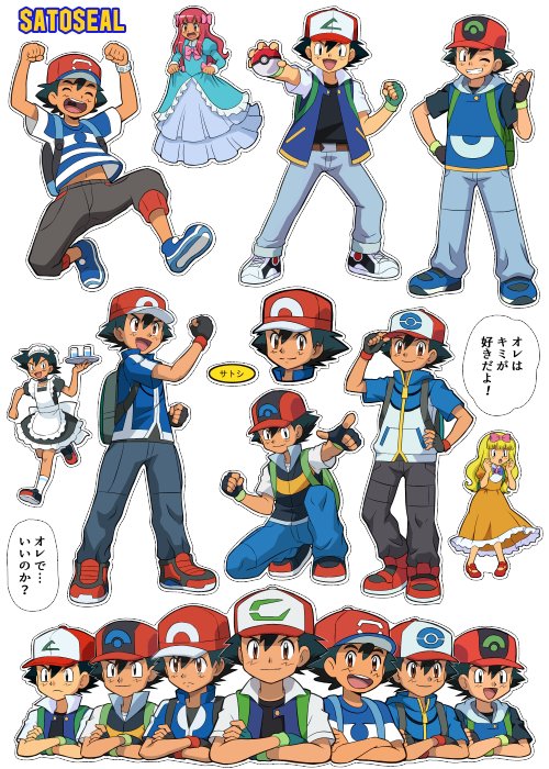 6+boys, arms_up, ash_ketchum, ashley_(pokemon), ashley_(pokemon_bw098), backpack, bag, baseball_cap