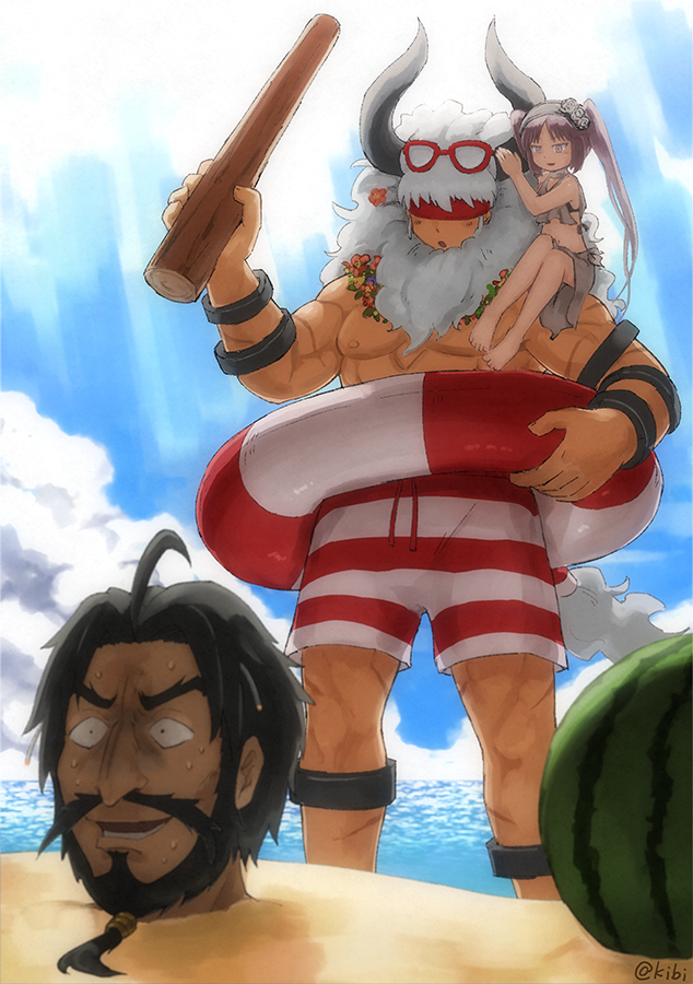 1girl, 2boys, asterios_(fate), asterios_(formal_dress)_(fate), bare_pectorals, beach, beard, black_hair