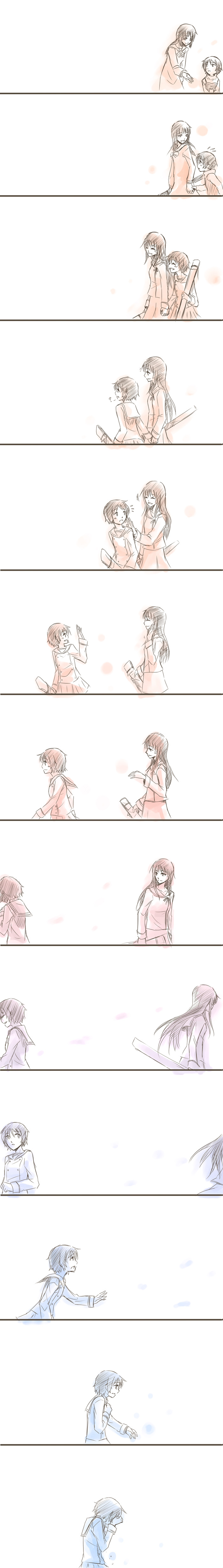 00s, absurdres, bad_id, bad_pixiv_id, comic, ga-rei, ga-rei_zero, highres, isayama_yomi, long_image, monochrome, sacchan, school_uniform, serafuku, silent_comic, sketch, tall_image, tears, tsuchimiya_kagura