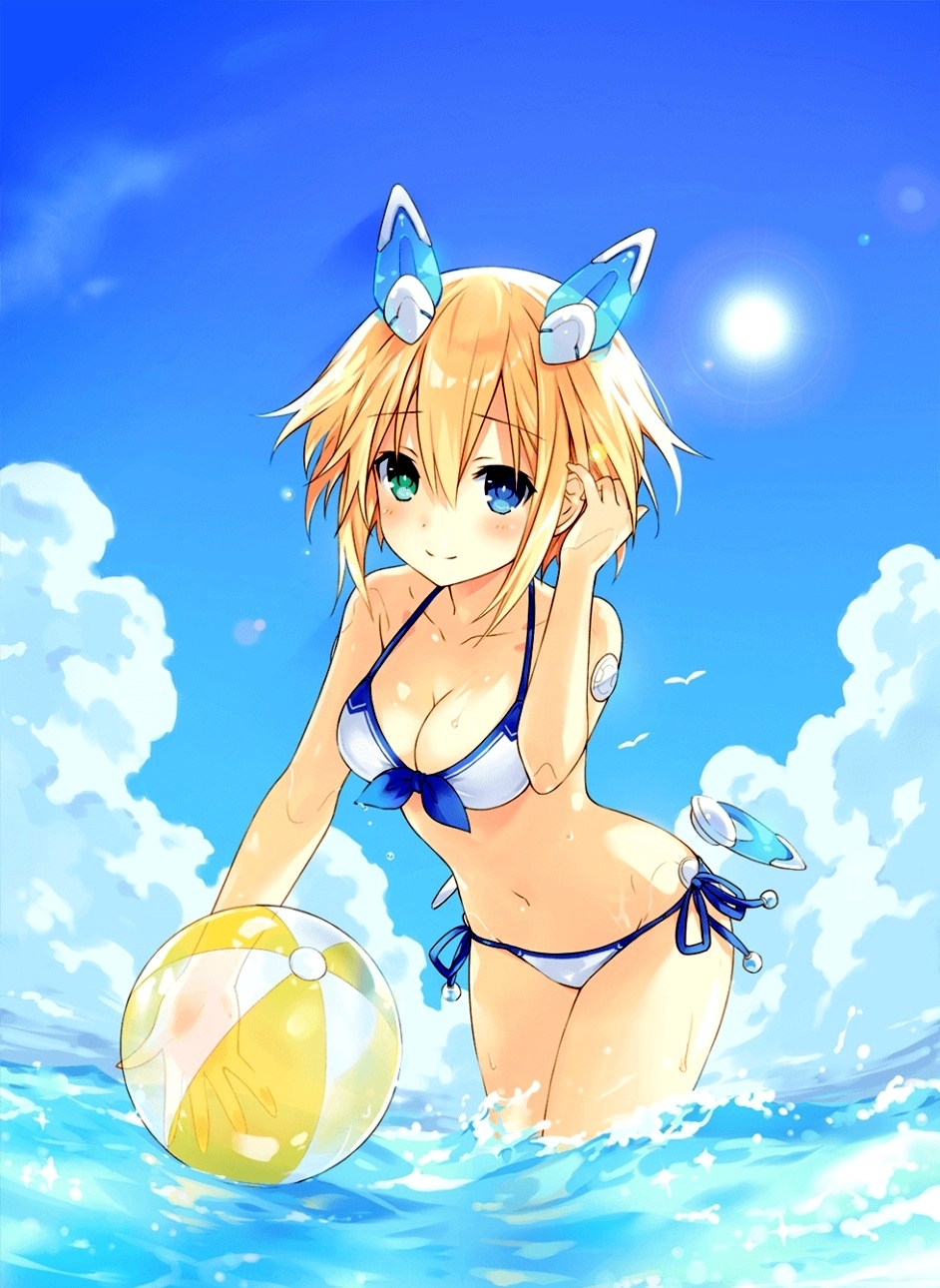 10s, 1girl, ange_vierge, ball, bare_shoulders, beachball, bikini, blonde_hair