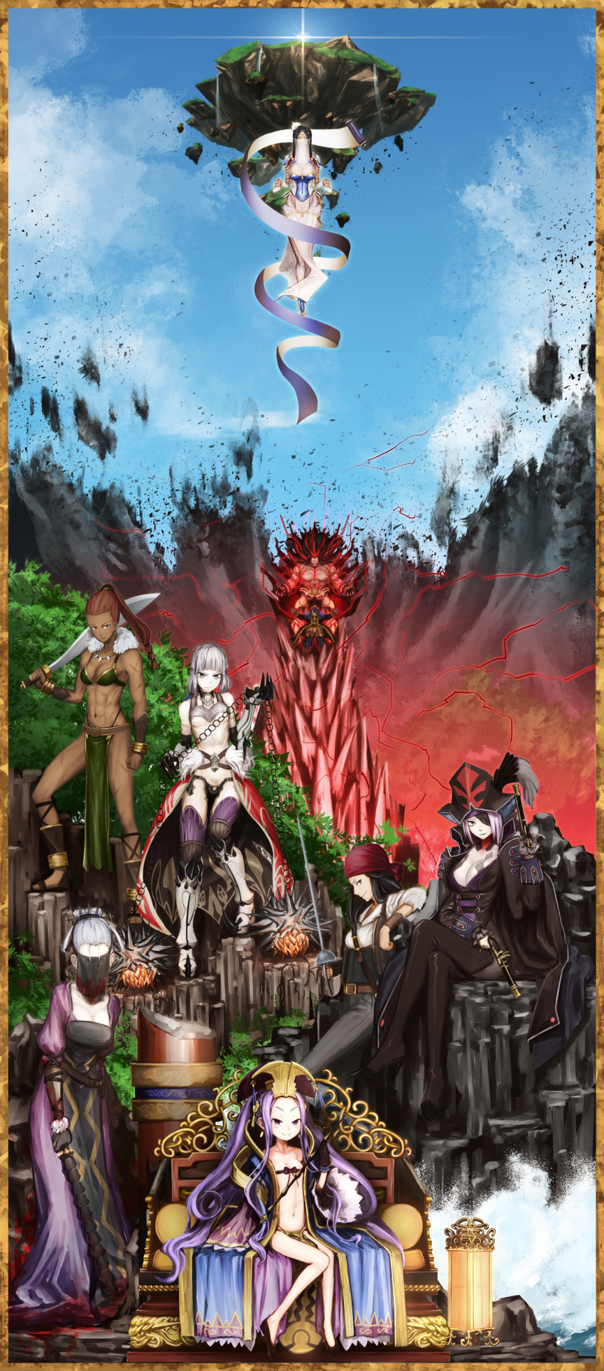 10s, 2boys, 6+girls, abs, absurdres, armor, ball_and_chain_(weapon), bandana, bare_shoulders, beard, belt, black_hair, blood, blunt_bangs, blush, bracer, breasts, brown_eyes, brown_hair, chain, chinese_clothes, choker, christopher_columbus_(fate), cleavage, coat, dahut_(fate), dark-skinned_female, dark_skin, elbow_gloves, facial_hair, fate/extra, fate/grand_order, fate_(series), fingerless_gloves, flail, francis_drake_(fate), full_body, gauntlets, gloves, grey_eyes, grey_hair, gun, hair_bun, hair_ornament, hat, hat_feather, headgear, heracles_(fate), highres, holding, holding_sword, holding_weapon, jewelry, long_hair, mask, megalos_(fate), multiple_boys, multiple_girls, navel, necklace, on_throne, pants, pantyhose, pelvic_curtain, penthesilea_(fate), pink_hair, ponytail, purple_eyes, purple_hair, revealing_clothes, scar, scheherazade_(fate), scheherazade_(first_ascension)_(fate), shoes, short_shorts, shorts, single_hair_bun, sitting, skirt, smile, sword, thighhighs, throne, topless_female, v-shaped_eyebrows, very_long_hair, waist_cape, water, weapon, wu_zetian_(fate), wu_zetian_(second_ascension)_(fate)