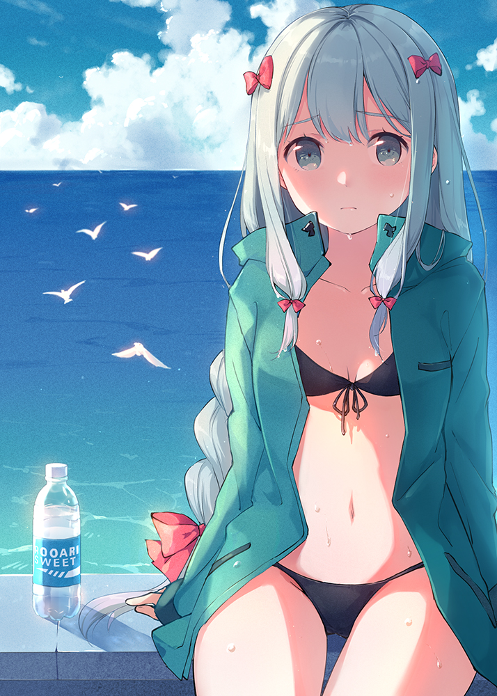 10s, 1girl, aqua_eyes, arms_at_sides, bikini, bikini_under_clothes, black_bikini, blush