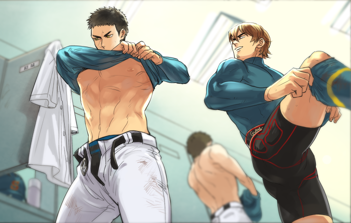 3boys, ace_of_diamond, baseball_uniform, beard, black_hair, brown_hair, facial_hair, from_below, isashiki_jun, locker_room, long_sleeves, maji_(m), male_focus, multiple_boys, short_hair, sportswear, toned, toned_male, open_belt, undershirt, undressing, yuuki_tetsuya