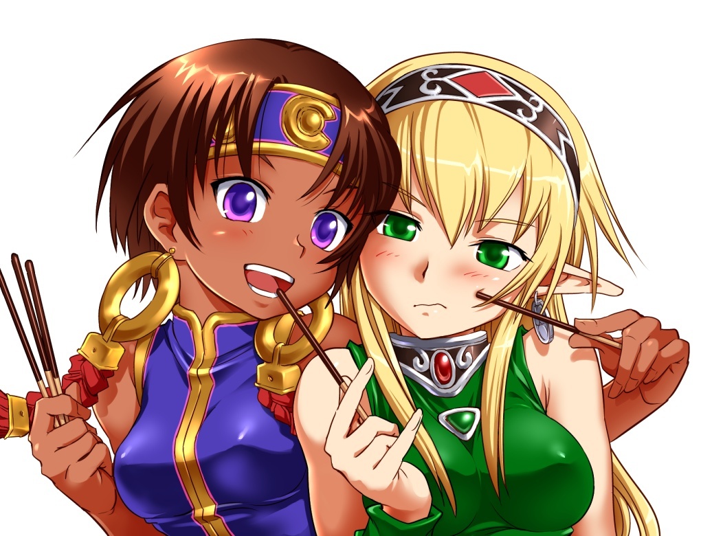 2girls, arm_around_neck, bad_id, bad_tinami_id, black_hairband, blonde_hair, blue_eyes, blue_headband