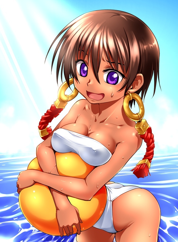 1girl, bad_id, bad_tinami_id, ball, beachball, blue_eyes, breasts, brown_hair