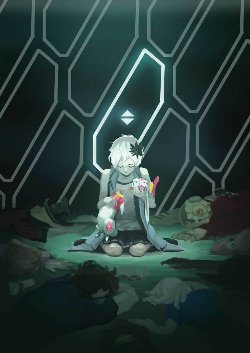 4boys, 4girls, absurdres, alice_(kyokugen_dasshutsu), black_footwear, black_hair, black_skirt, broken, brown_hair, death, dio_(kyokugen_dasshutsu), hair_ornament, highres, k_(kyokugen_dasshutsu), kyokugen_dasshutsu, kyokugen_dasshutsu_adv:_zennin_shibou_desu, luna_(kyokugen_dasshutsu), lying, multiple_boys, multiple_girls, on_stomach, phi_(kyokugen_dasshutsu), quark_(kyokugen_dasshutsu), shoes, sigma_(kyokugen_dasshutsu), sitting, skirt, skull_hair_ornament, tenmyouji_(kyokugen_dasshutsu), trexia, white_hair, yotsuba_(kyokugen_dasshutsu), zero_iii